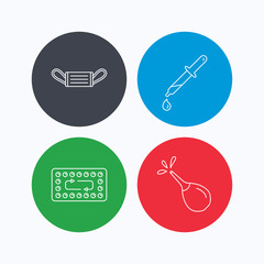 Medical mask, contraception and pipette icons.