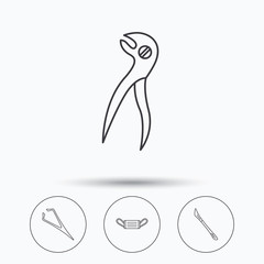 Medical mask, scalpel and dental pliers icons.