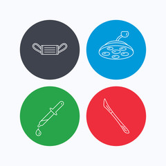 Medical mask, scalpel and pipette icons.