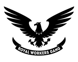 Royal Workers Gang label design with hand drawn eagle. Coat of arms. Good for posters, t-shirts, greeting cards etc. Symbol of workers freedom. Vector illustration isolated on white