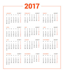 Calendar for 2017 year on white background. Vector design print template. Week starts Monday. Stationery design