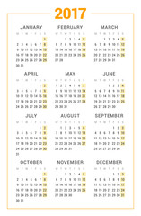 Calendar for 2017 year on white background. Vector design print template. Week starts Monday. Stationery design