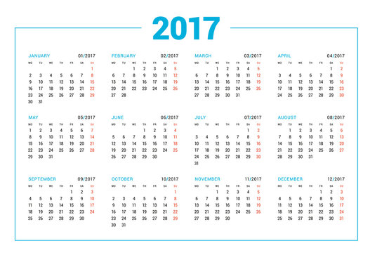 Calendar for 2017 year on white background. Vector design print template. Week starts Monday. Stationery design