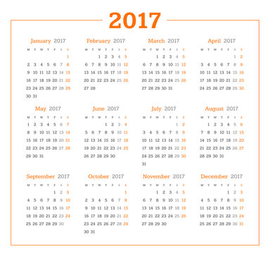 Calendar for 2017 year on white background. Vector design print template. Week starts Monday. Stationery design
