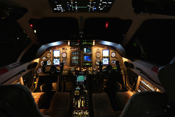 Aircraft interior, cockpit view inside turboprop plane.