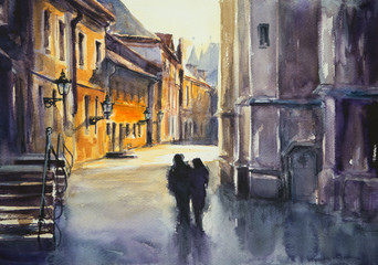 Watercolor painted illustration of couple people walking in city.