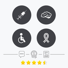Medicine icons. Syringe, disabled, brain.