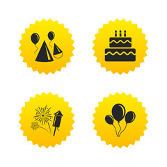 Birthday party. Cake, balloon, hat and fireworks