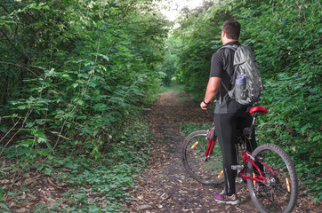 Naklejka premium Mountainbiker riding on bicycle in summer park at sunny day.