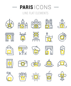 Set Vector Flat Line Icons Paris