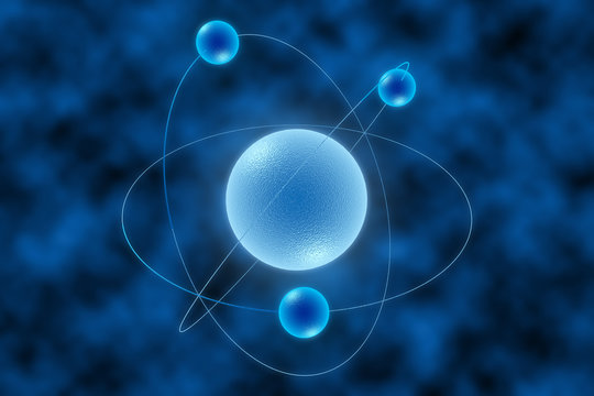 Model of atom. 3d illustration on blue background