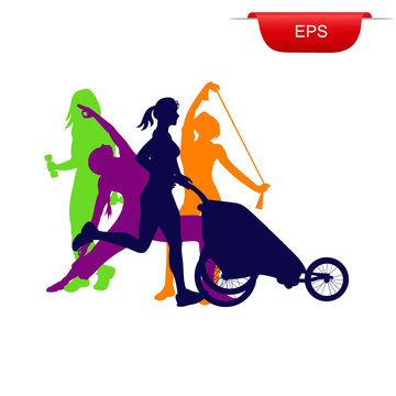 Fitness Concept, Running Woman With Stroller, Icon, Vector Illustration