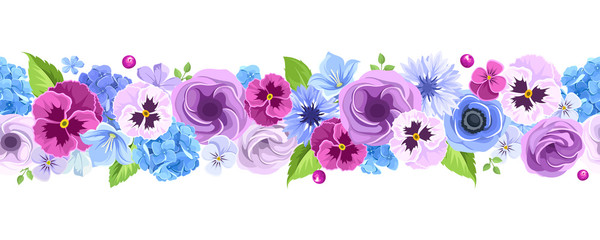 Panele Szklane Podświetlane  Poziome bezszwowe tło wektor niebieski i fioletowy bratki, chabry, lisianthuses, dzwonki i kwiaty hortensji.