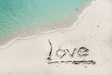 Fototapeta na wymiar Word Love handwritten on sandy beach with soft ocean wave on background