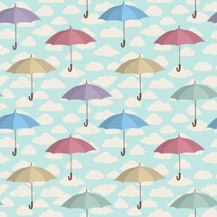 Fototapeta na wymiar Umbrella pattern. Cloudy sky seamless background. Rainy autumn weather design concept