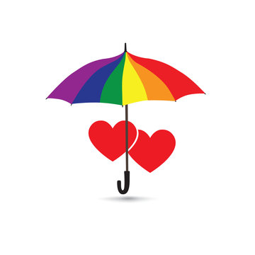 Love heart sign over umbrella in LGBT colors. Valentine's day greting card with two hearts