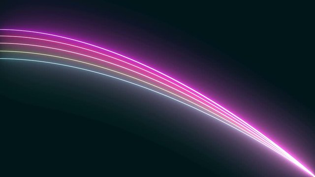 Neon glow curve lines. Abstract background illustration of glowing neon light trails. Seamless loop