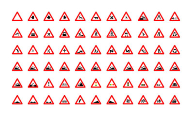 Set of triangular road signs isolated on white