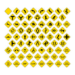 Big set of yellow road signs on white