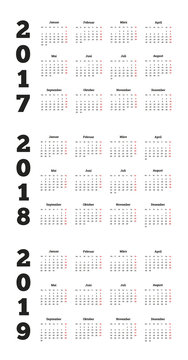 Set of simple calendars in german on 2017, 2018, 2019 years