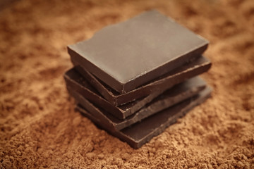 Chocolate pieces on cocoa powder background