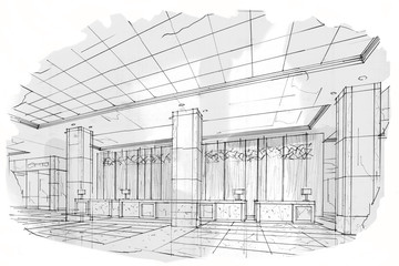 sketch stripes reception, black and white interior design.