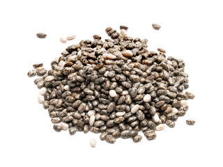 Small pile of chia seeds seen a little from above on white background