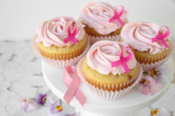 Rose flower cupcakes for pink ribbon day, Breast cancer awareness