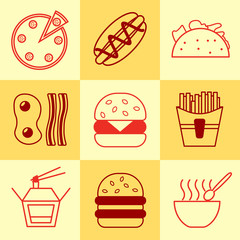 set of fast food icons in line style