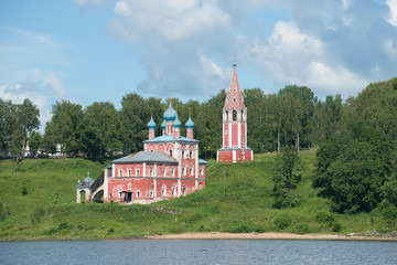 Church of the icon of mother of God of Kazan on the left bank of the Volga river, july afternoon. Tutayev, Yaroslavl region, Russia