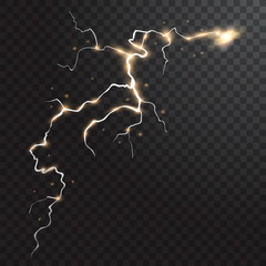 Thunderstorm realistic element with colored flashes of lightnings sparks on black half transparent background isolated vector illustration