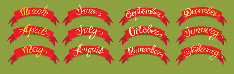 Set red labels with hand-drawn lettering on green background, months names of year