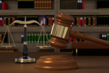 3D rendering of gavel, law scales and books