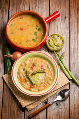 soup vegetable with asparagus and pesto sauce