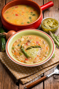 soup vegetable with asparagus and pesto sauce