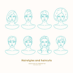 Set of female faces with different hairstyles