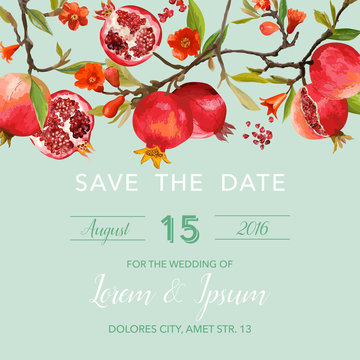 Wedding Invitation Card - with Pomegranates and Flowers Background