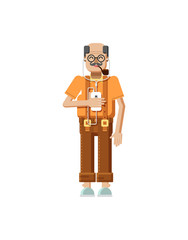 illustration isolated European elderly retiree, gray hair, mustache, in glasses, pipe in mouth, old man with smartphone