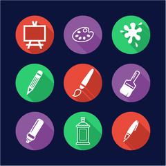 Painting Or Drawing Tools Icons Flat Design Circle