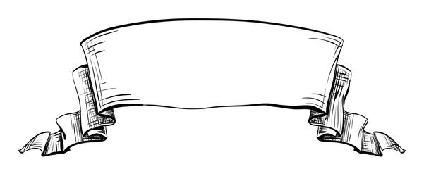 Wide short curved semicircle arc strip, sketch hand-drawn lines and strokes tape with curly edges. Decorative retro ribbon with empty space for title writing, element on a white background for design