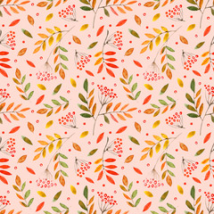 floral seamless pattern with rowan and branches.watercolor hand drawn illustration.creamy background.