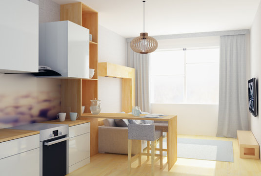 3D illustration of modern flat in Scandinavian style