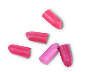 close up of various lipsticks on white background