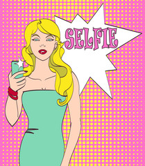 Vector pop art girl doing selfie. Beautiful vector drawing, isolated eps 10