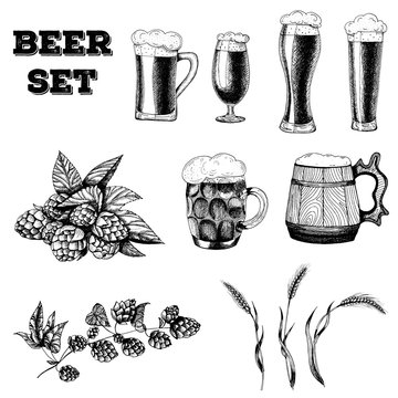 Beer big set, vector illustration sketch in ink. The first part of the set.