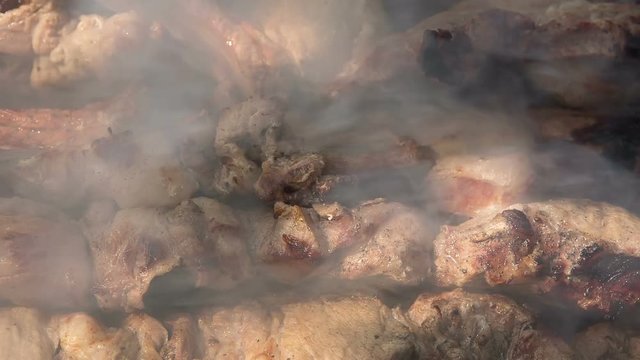 Food. Preparation of roasted meat on the fire outdoors for a picnic and relax.