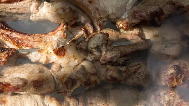Food. Preparation of roasted meat on the fire outdoors for a picnic and relax.