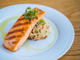 grilled salmon with rice and lime