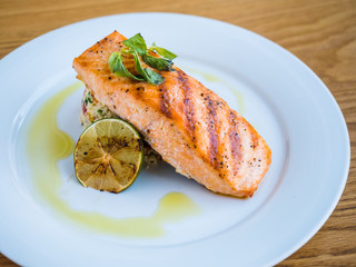 grilled salmon with rice and lime