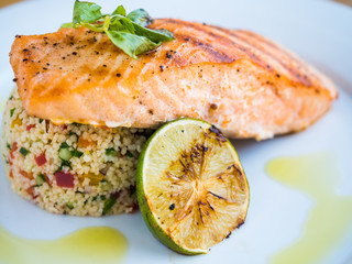 grilled salmon with rice and lime